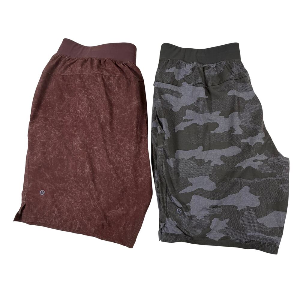 Two Lululemon T.H.E. Lined 10” Athletic Running Shorts Green Maroon Camo Men XXL